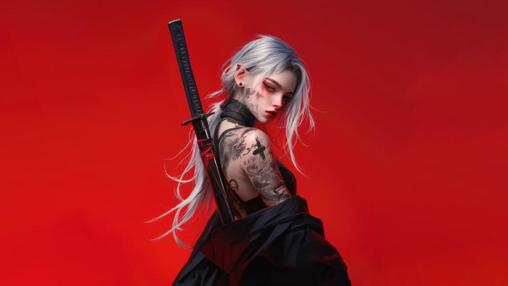 Anime Warrior with Katana and Tattoos in Red wallpaper