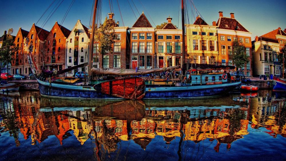 Golden Reflection of Groningen's Waterfront wallpaper