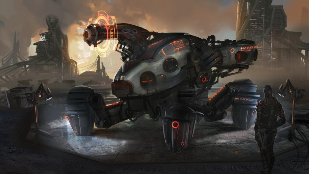 Futuristic Mecha Patrols at Dawn wallpaper