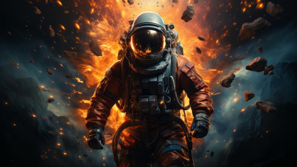 Astronaut in Fiery Explosion Fantasy Sci-Fi Art wallpaper