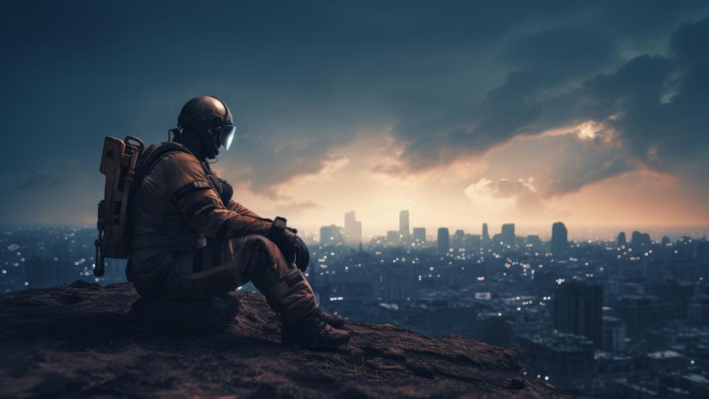 Astronaut Over Cityscape at Dusk wallpaper