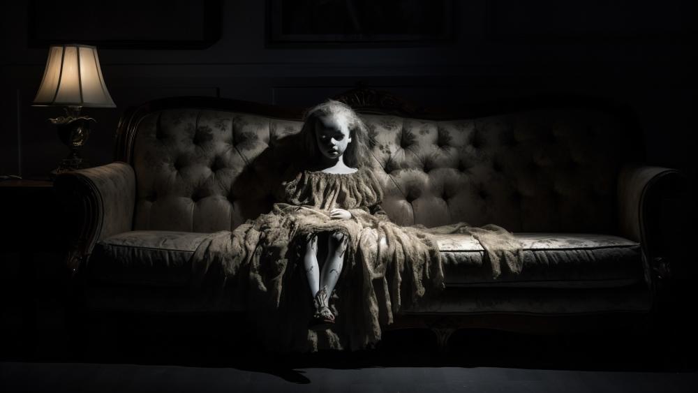 Creepy Doll on Sofa in Darkness wallpaper