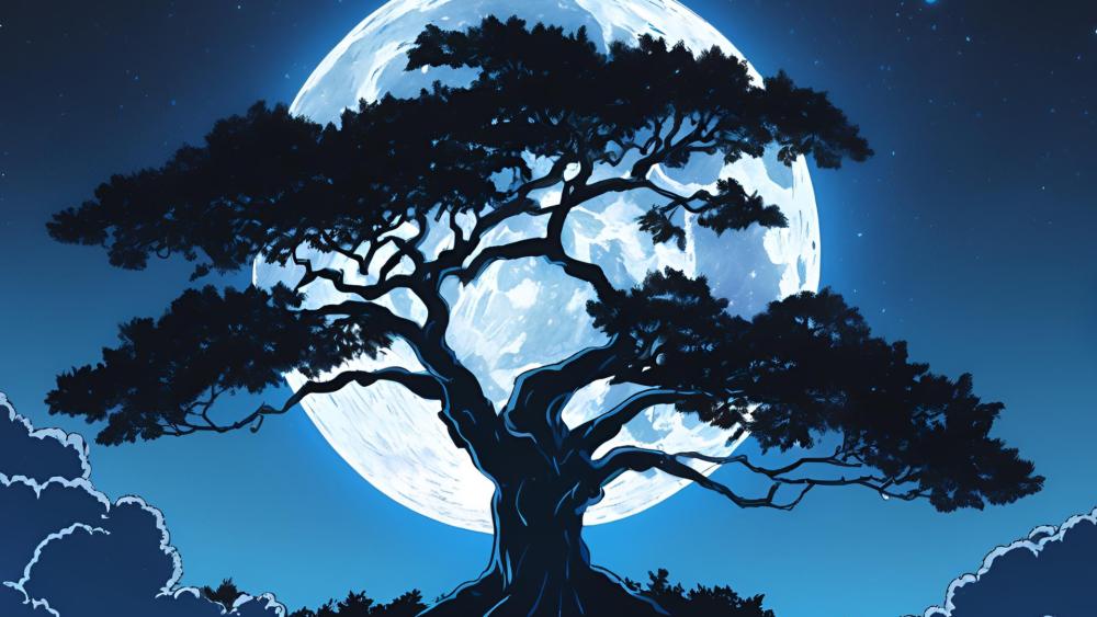 Moonlit Tree in Fantasy Night wallpaper