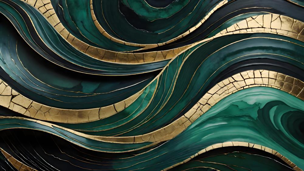 Golden and Green Wavy Harmony wallpaper