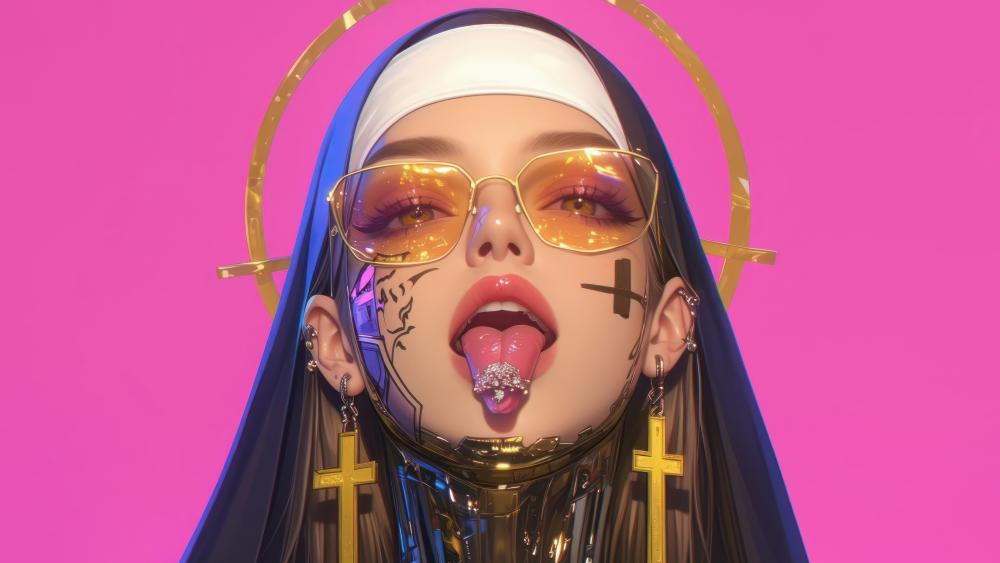 Modern Cyber Nun in Neon Fantasy World wallpaper