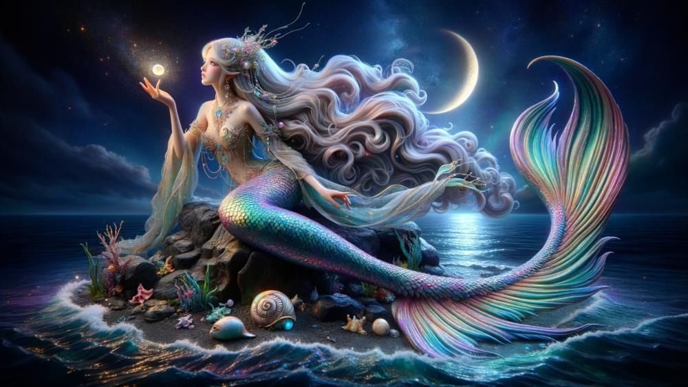 Mystical Mermaid Under Moonlit Waves wallpaper