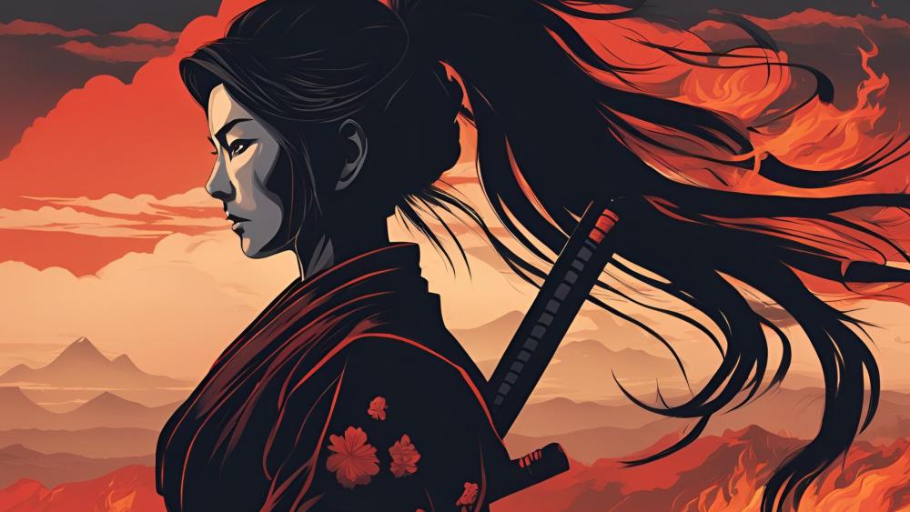 Fierce Samurai Woman Amid Fiery Landscape wallpaper