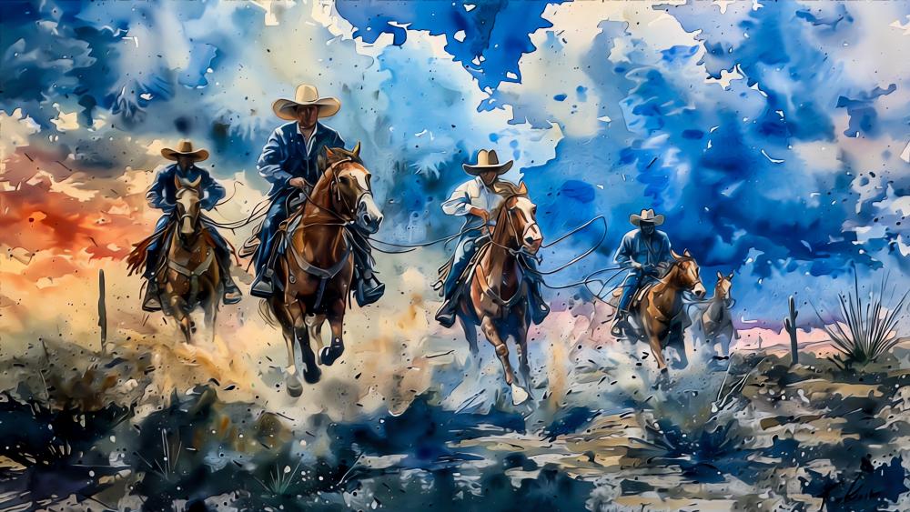 Galloping Cowboys in a Mystical Landscape wallpaper