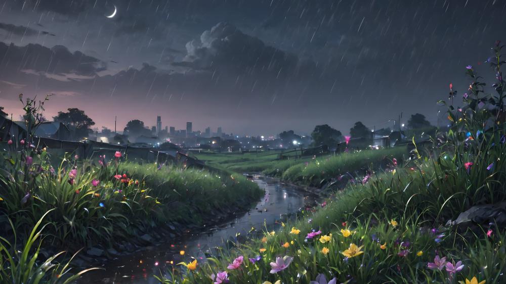 Anime Rainy Night Over Cityscape wallpaper