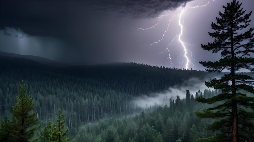 Thunderstorm Over Forested Mountains wallpaper