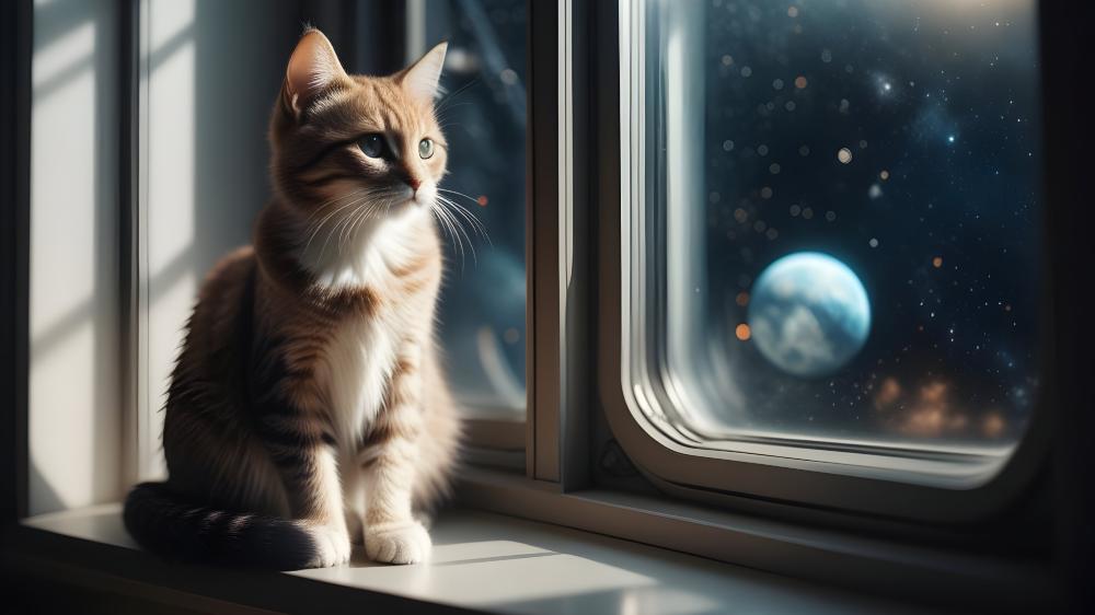 Cat Gazing at Space from Window wallpaper