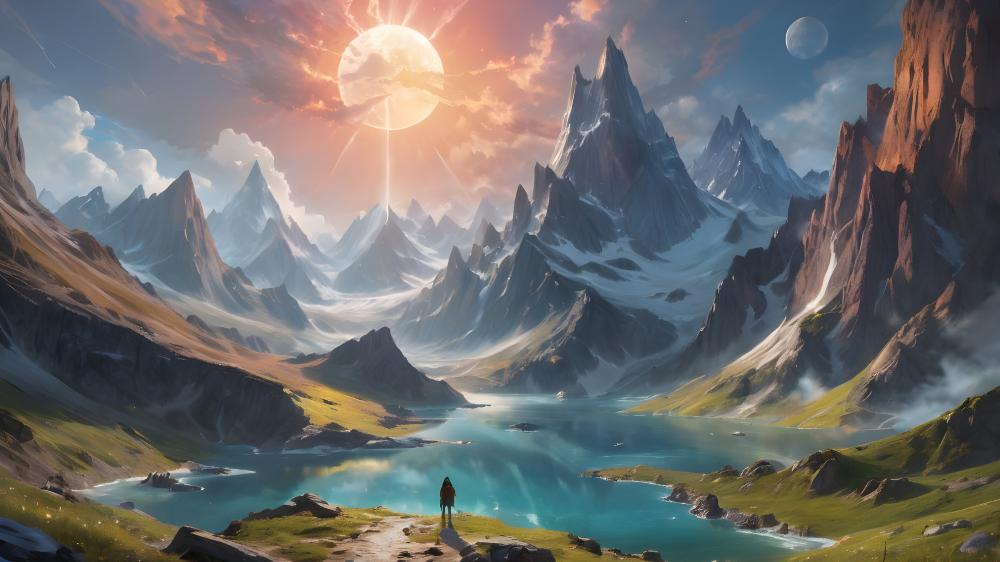 Sunlit Peaks and Twin Moons Fantasy Landscape wallpaper