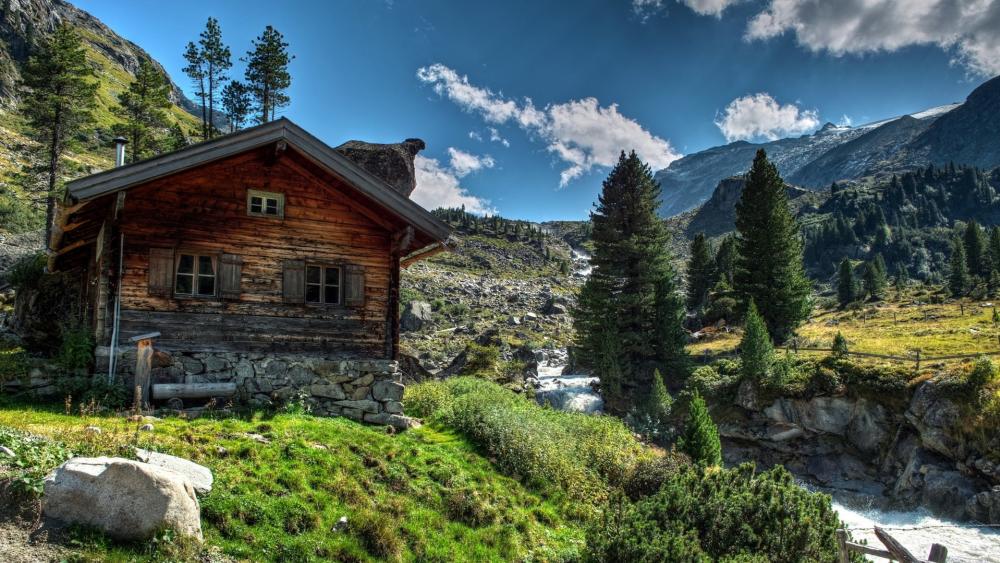 Mountain Cabin by the River wallpaper