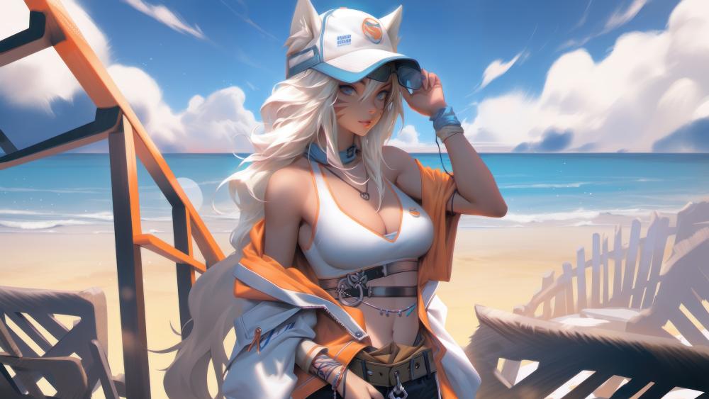 Fox Girl on a Sunny Beach wallpaper