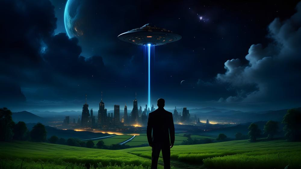 UFO Over Futuristic Cityscape wallpaper