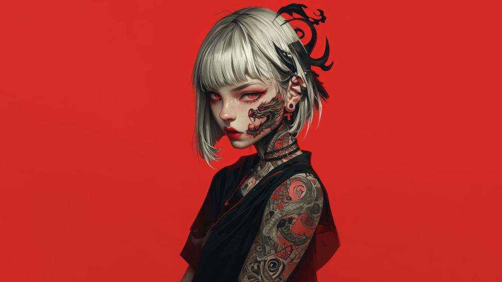 Tattooed Anime Girl with Red Eyes wallpaper