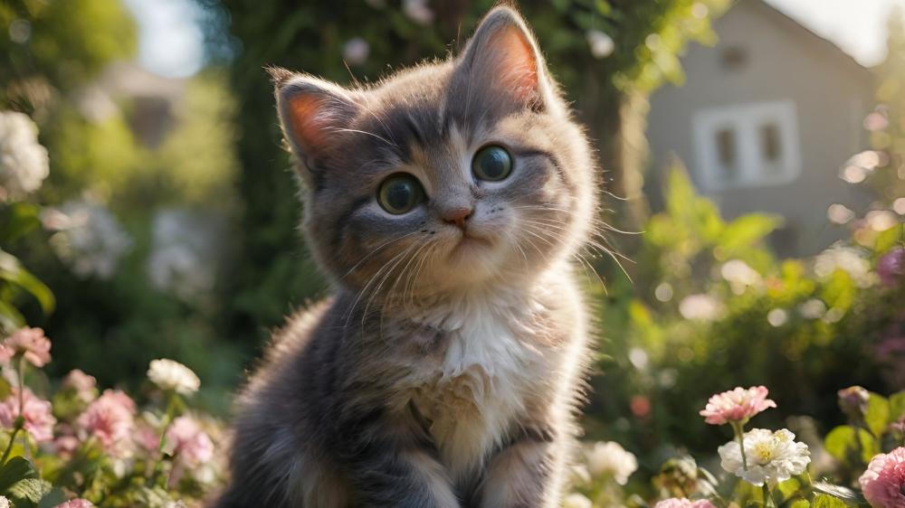 Sweet Kitten in Blooming Garden wallpaper