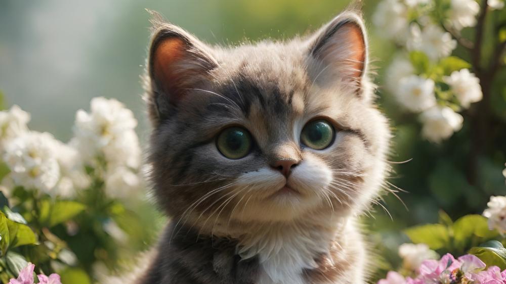 Big-Eyed Kitten in Garden wallpaper