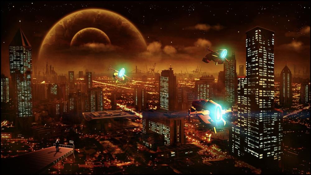 Futuristic Metropolis Under a Distant Planet Full of Life and Light wallpaper