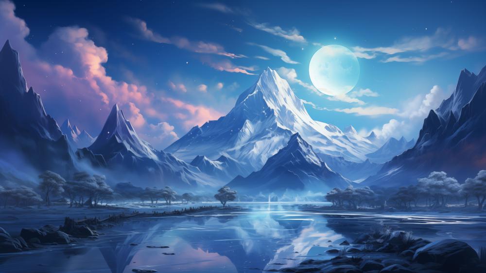 Moonlit Mountains and Serene Lake wallpaper