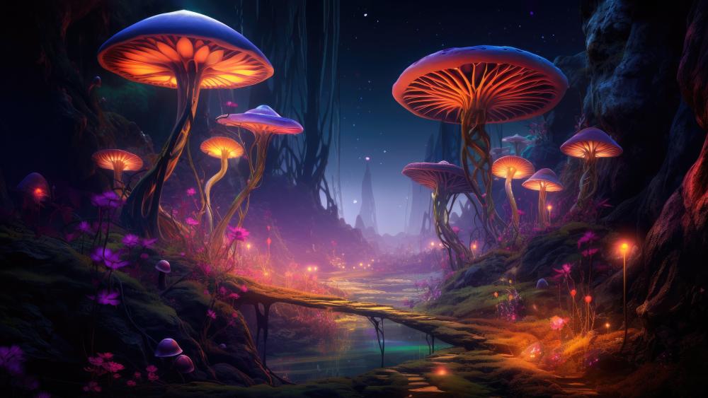 psychedelic-fantasy-world-with-glowing-mushrooms wallpaper