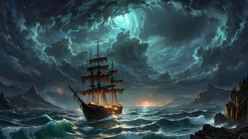 Title: Spectral Voyage Under a Stormy Night Sky wallpaper