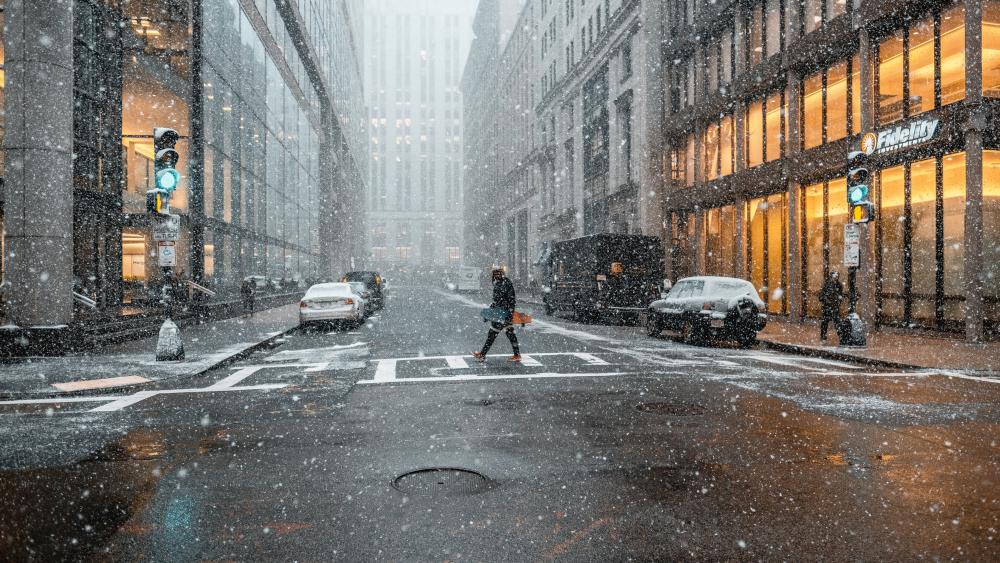 City Street Silenced by Snowfall in Winter wallpaper