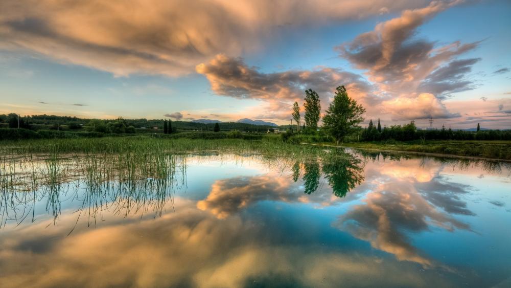 Serene Lake with Cloud Reflection wallpaper