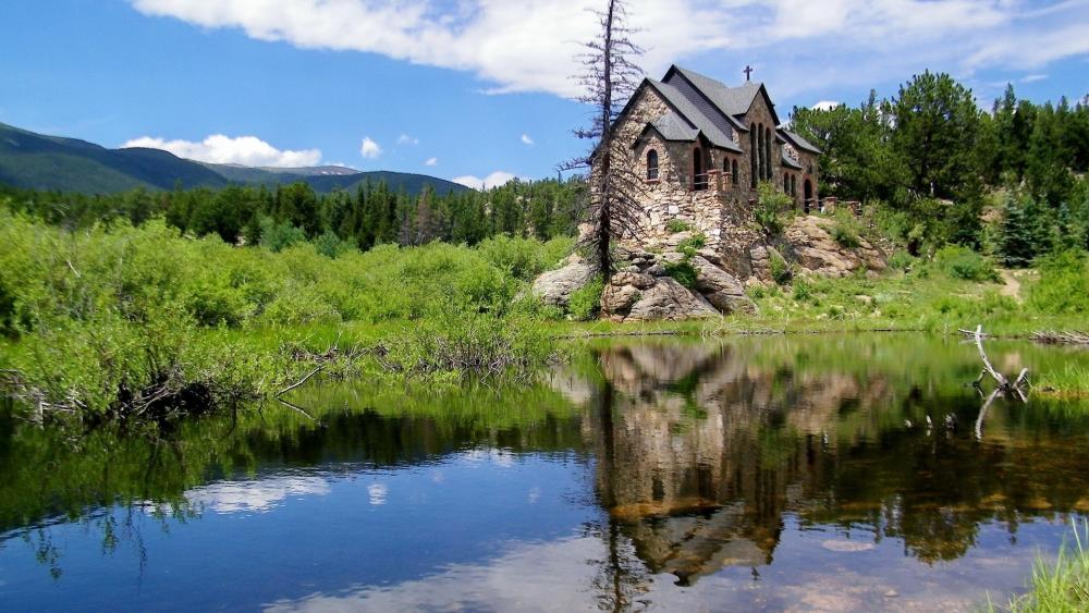 Chapel Reflected in Nature's Mirror wallpaper