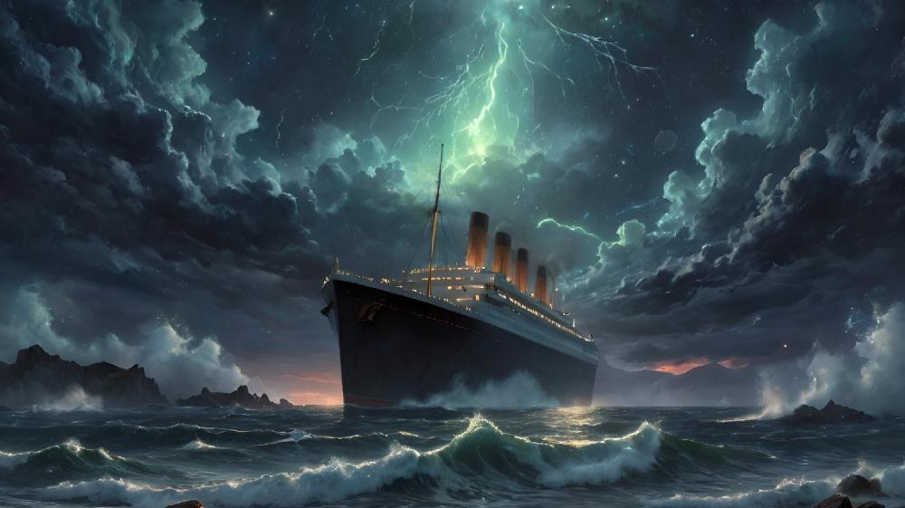 Stormy Seas Adventures: Majestic Ship in Thunderstorm wallpaper