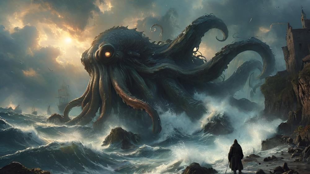 Ancient Kraken Awakens in Stormy Seas wallpaper