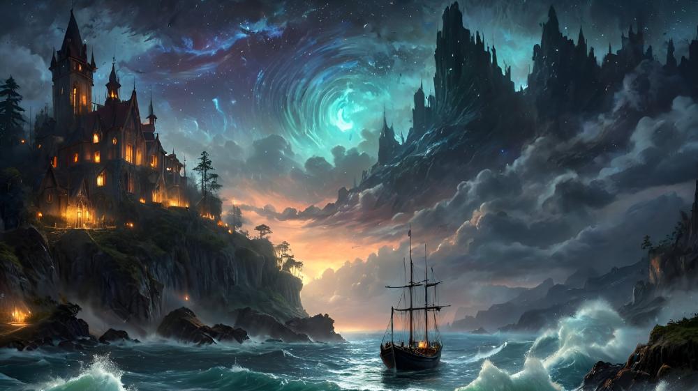 Mystical Sea Voyage to Enchanted Castles wallpaper