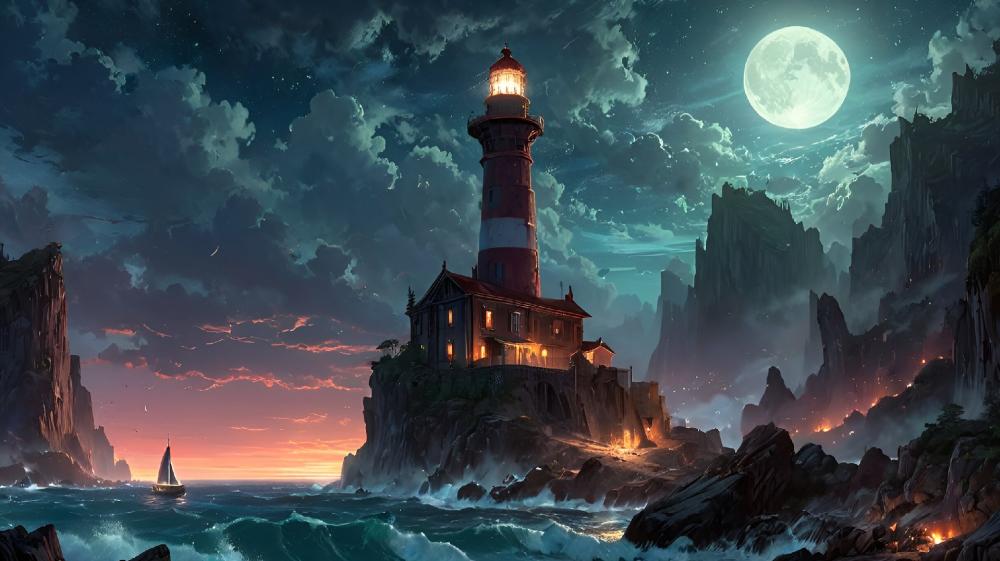 Lighthouse Under the Moonlit Sky wallpaper