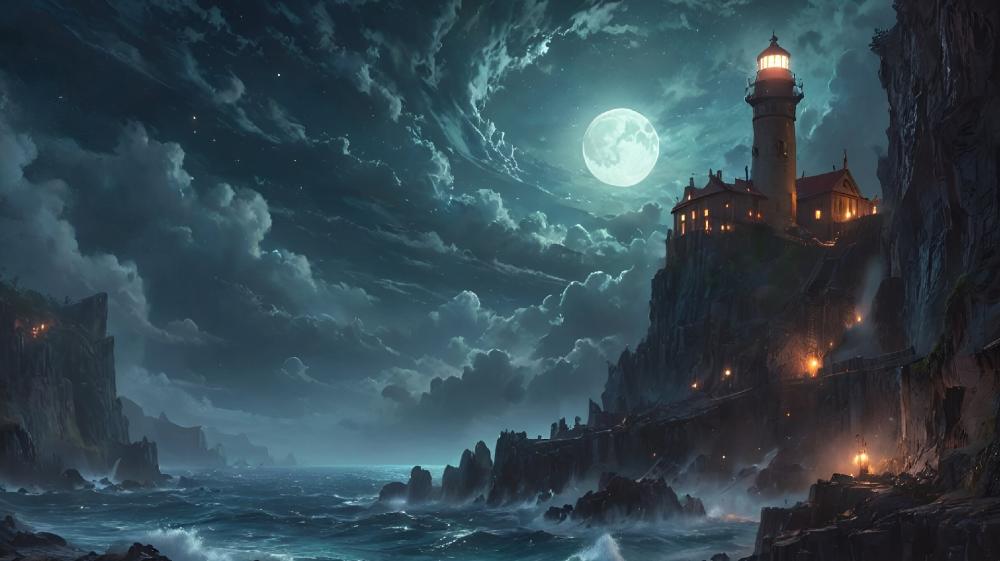 Lighthouse Under the Moonlit Sky wallpaper