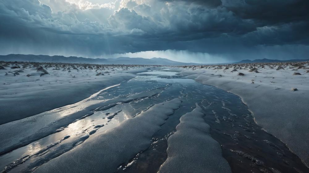 Frozen River Under Stormy Skies wallpaper