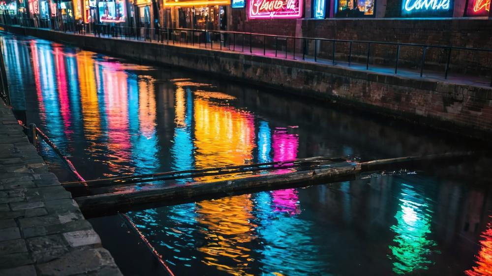 Neon Reflections in Urban Canal wallpaper