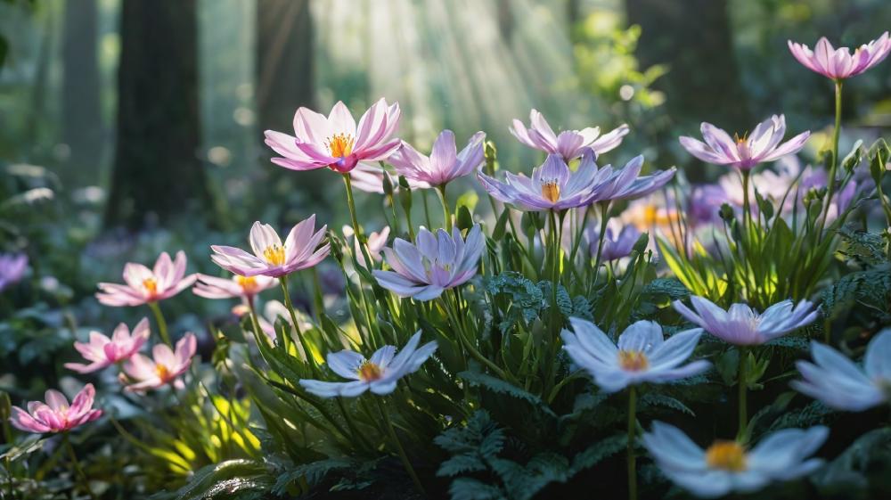 Sunlit Blossoms in an AI-Rendered Forest wallpaper