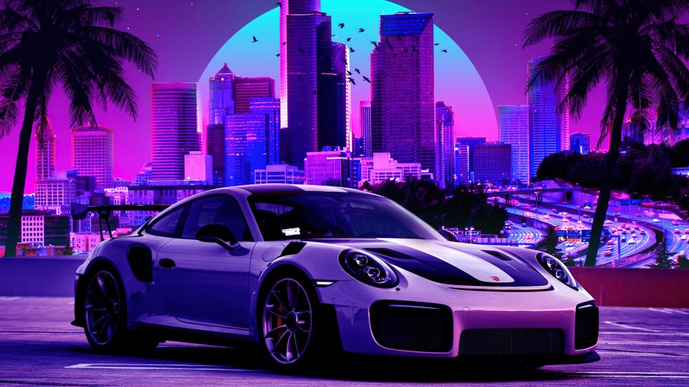 Neon Porsche 911 in Futuristic Skyline wallpaper