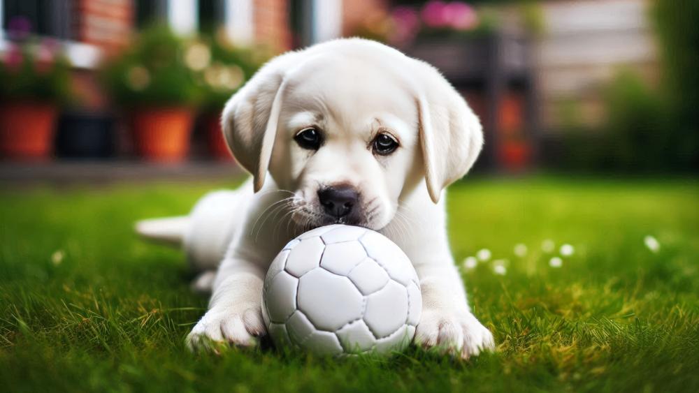 Adorable Puppy with Ball in Garden wallpaper