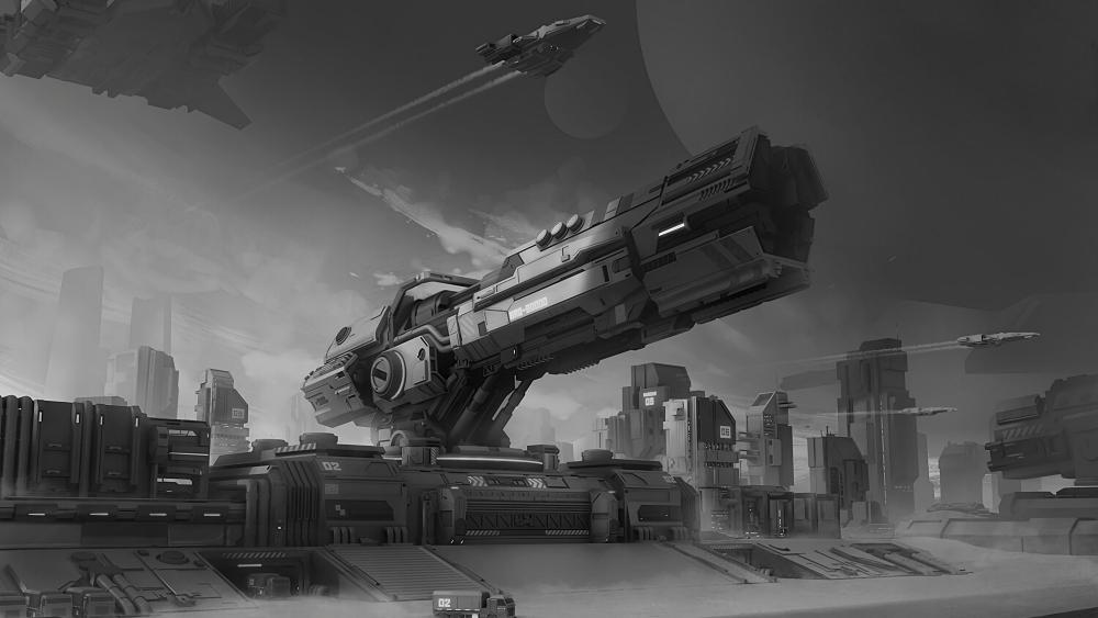 Spaceships Over Futuristic Cityscape wallpaper