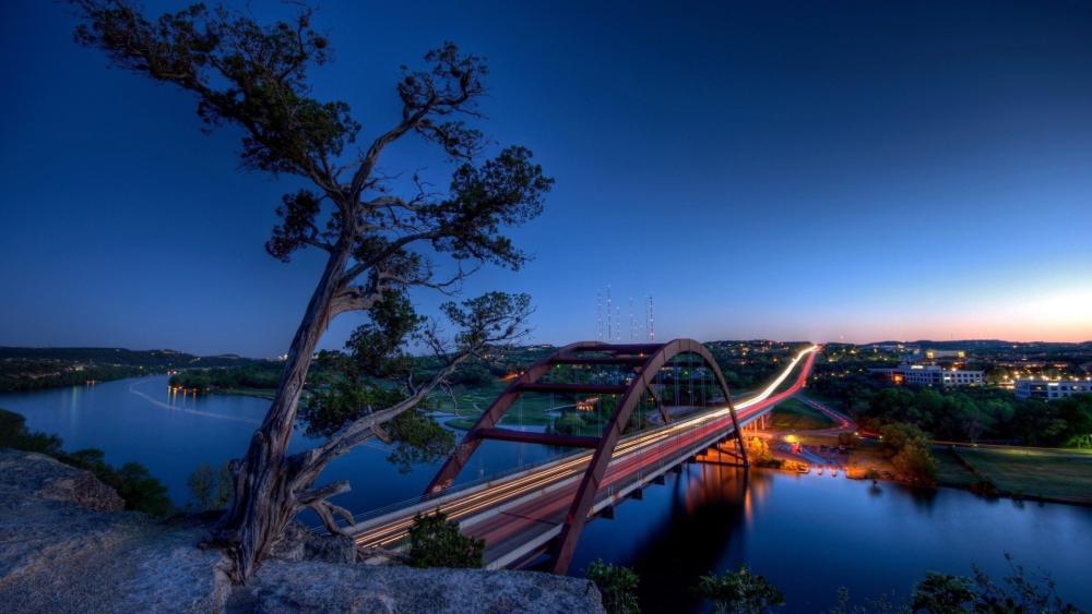 Bridge Over Calm River at Dusk wallpaper