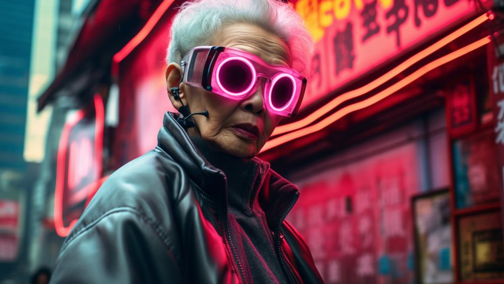 Glowing Eyewear Elderly Warrior in Cyberpunk wallpaper