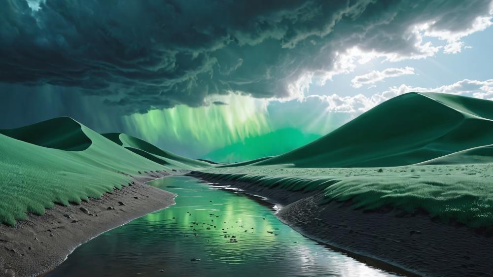 Surreal Green Hills and River Wonderland wallpaper