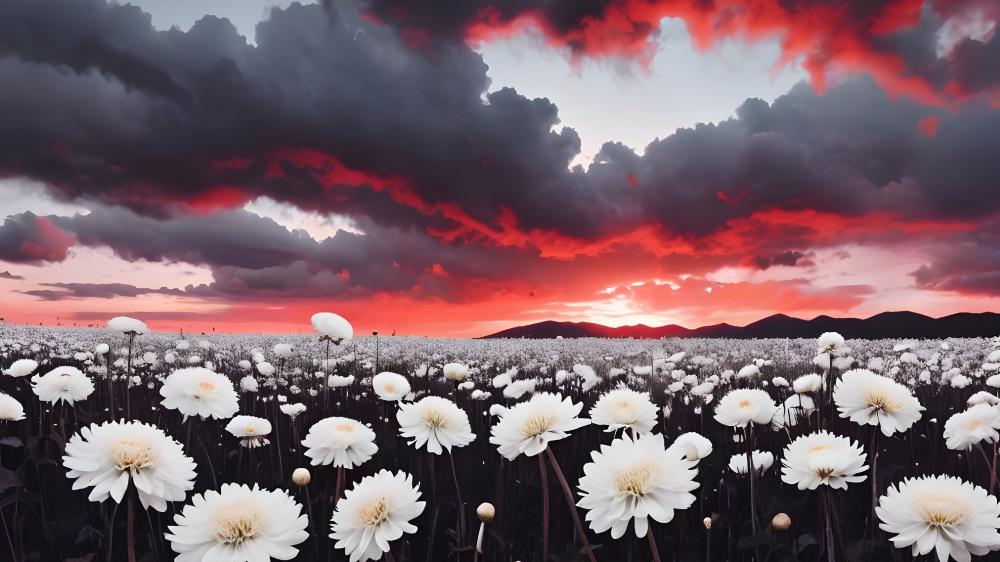 Dramatic Sunset Over Blooming Field wallpaper