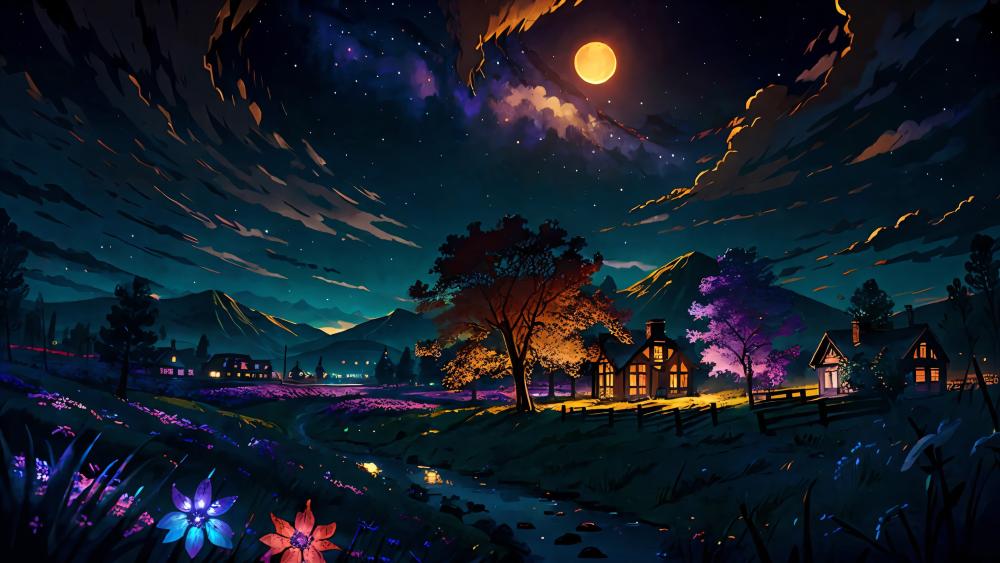 Ethereal Moonlit Fantasy Village wallpaper