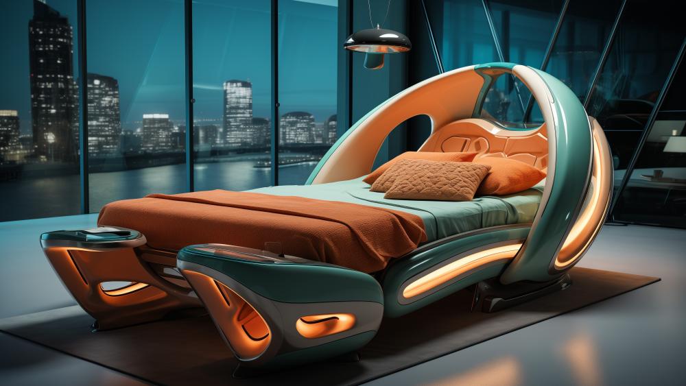 Futuristic Bedroom with Modern Furniture and Cityscape View wallpaper