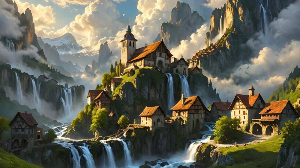 Mystical Village in Enchanted Mountains wallpaper