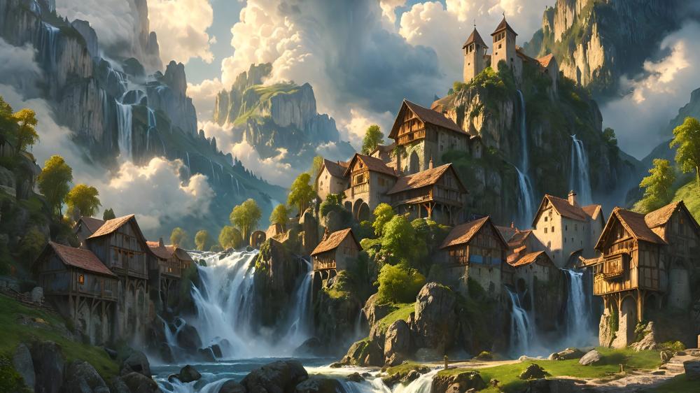 Mystical Mountain Village Panorama wallpaper