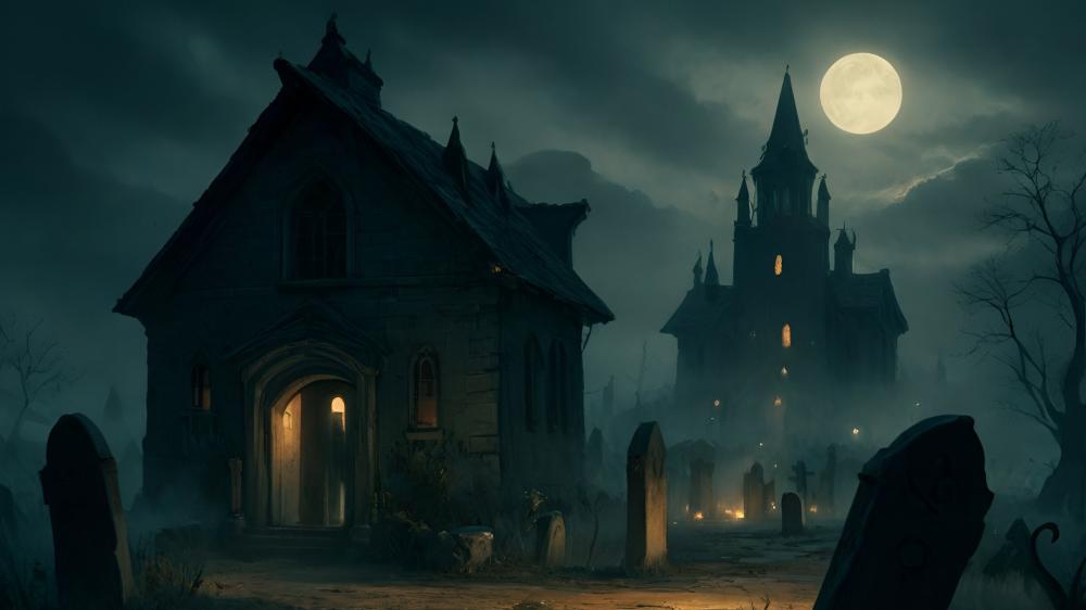 Haunted Graveyard Under Full Moon wallpaper