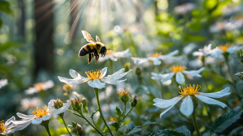 Bee Among Blossoms in Sunlight wallpaper